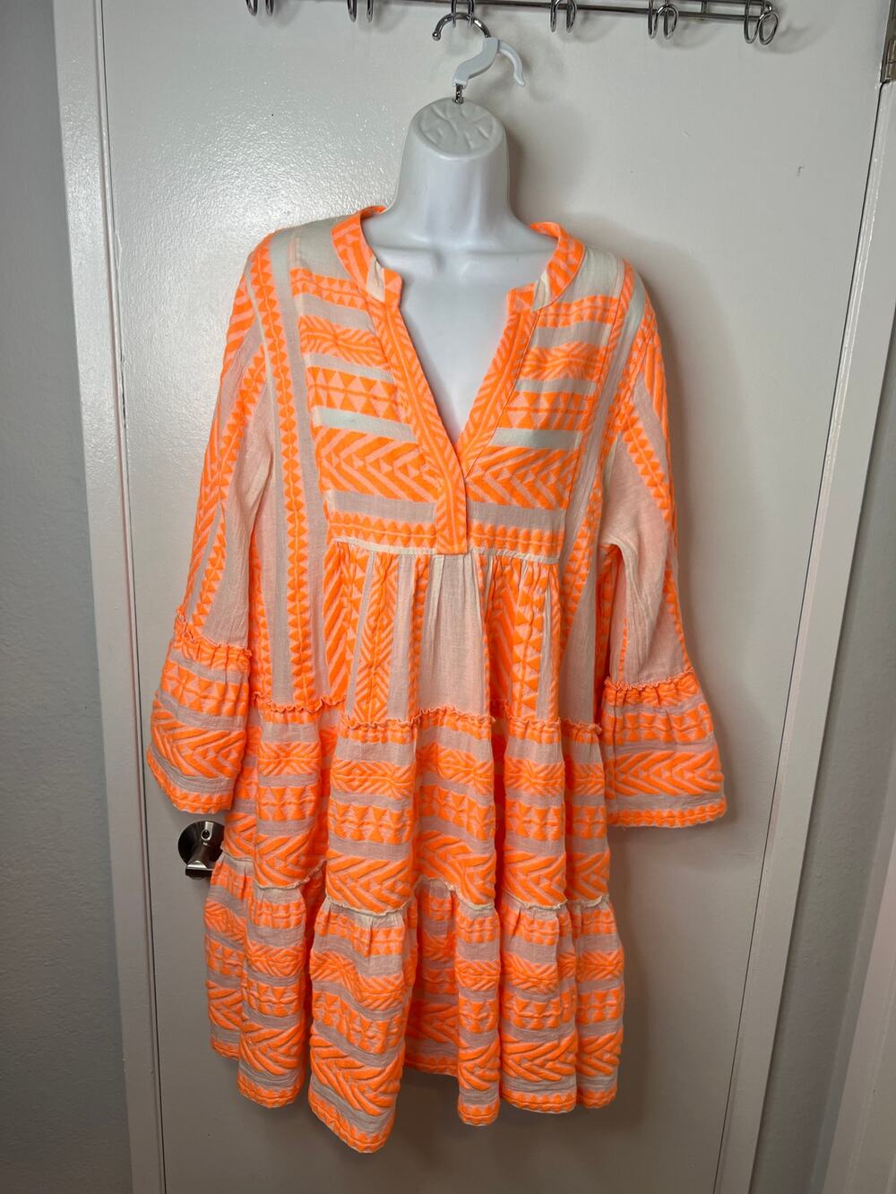 Devotion Twins Women's Ella Short Tunic Dress Neon Orange/White ~ Size L